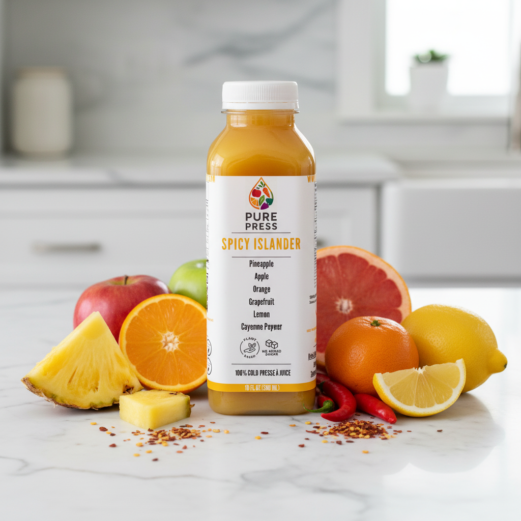 Spicy Islander cold-pressed tropical juice in a square PET 300ml bottle