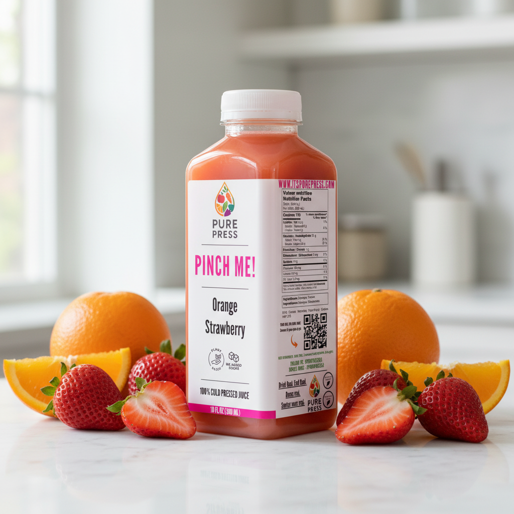 Pinch Me! cold-pressed orange strawberry juice in a square PET 300ml bottle
