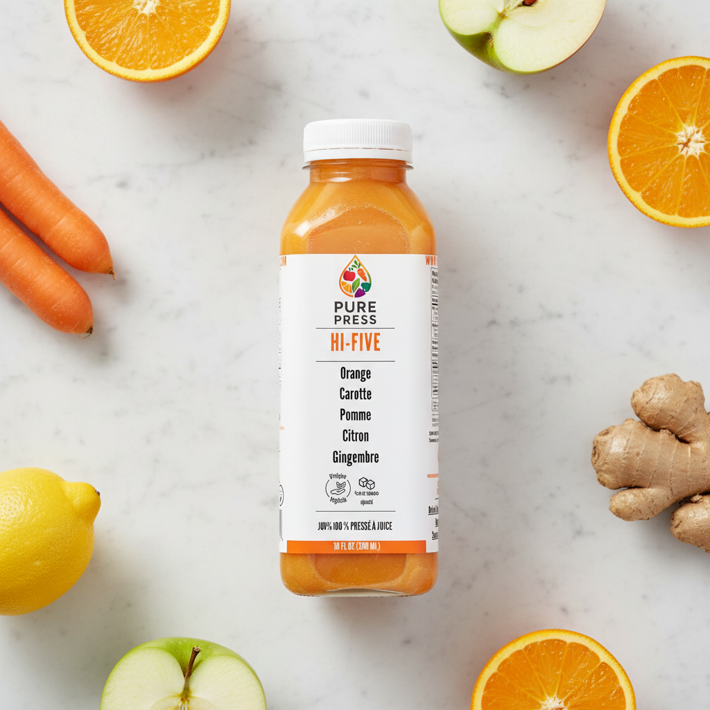 Hi-Five cold-pressed orange carrot juice in a square PET 300ml bottle with label wrapped around 3 sides